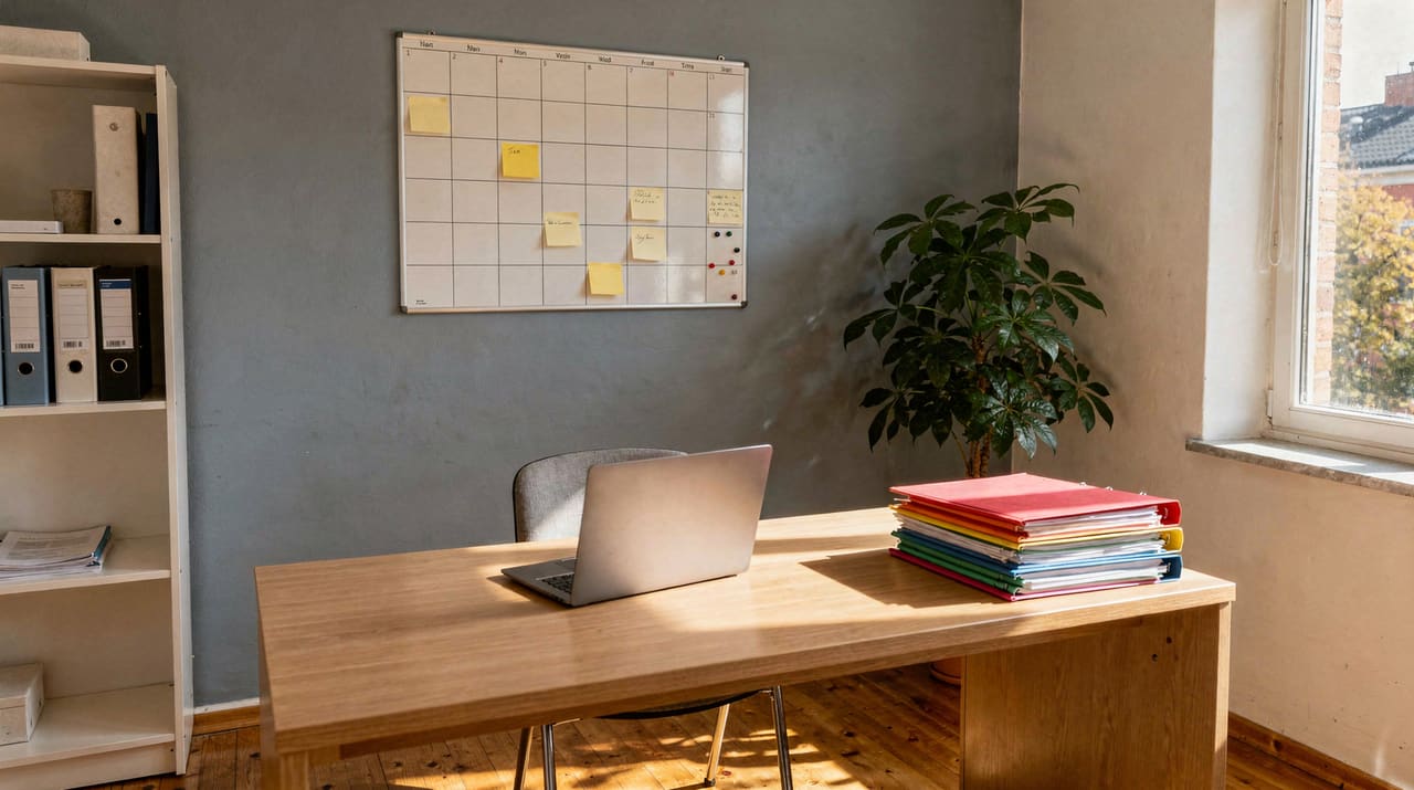 Ljus kontorshörna i ett mindre boende med skrivbord, väggkalender och anslagstavla i morgonljus