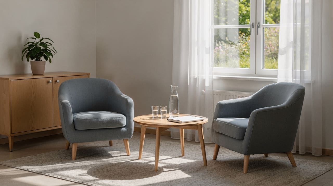 Ljust samtalsrum i ett mindre boende med två fåtöljer, ett lågt bord och fönster mot en trädgård