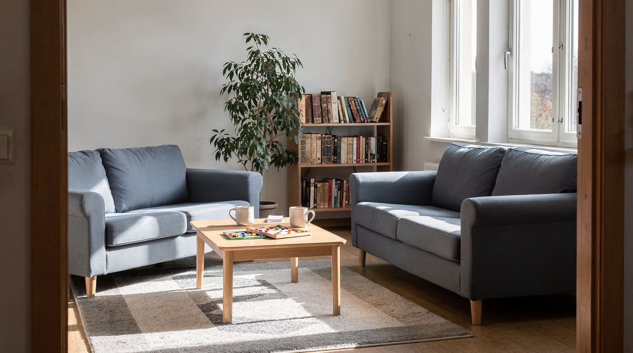 Ljust gemensamt vardagsrum i ett mindre boende med soffor, bokhylla och stora fönster en morgon